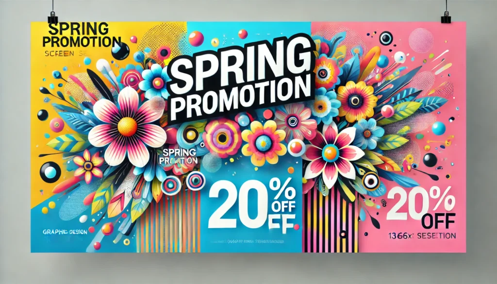 DALL·E 2025-04-18 20.18.06 - A vibrant and colorful promotional banner designed for a graphic design company, sized for 1366x768 screen resolution. The banner features a lively sp